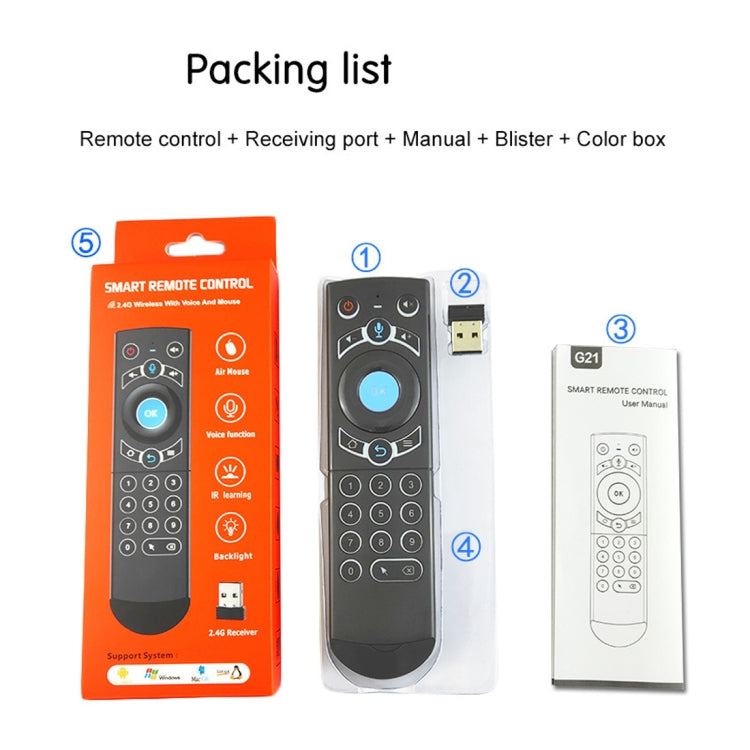 G21 2.4GHz Fly Air Mouse Teclado inalámbrico con retroiluminación LED Control remoto con giroscopio para Android TV Box / PC, compatible con voz inteligente, Blue