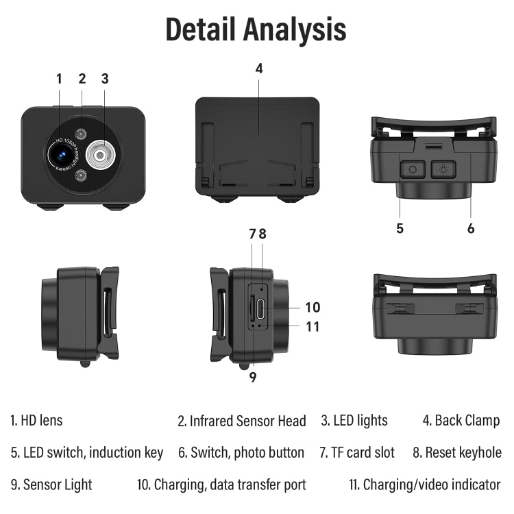 Cámara de iluminación de grabación de vídeo con sensor de movimiento LED montada en la cabeza D8 1080P, D8