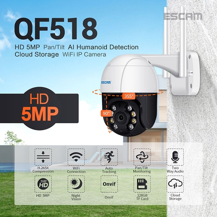 ESCAM QF518 Cámara IP WiFi inteligente de 5MP, compatible con detección de humanos AI / seguimiento automático / visión nocturna de doble luz / almacenamiento en la nube / audio bidireccional / tarjeta TF, EU Plug, US Plug, UK Plug, AU Plug