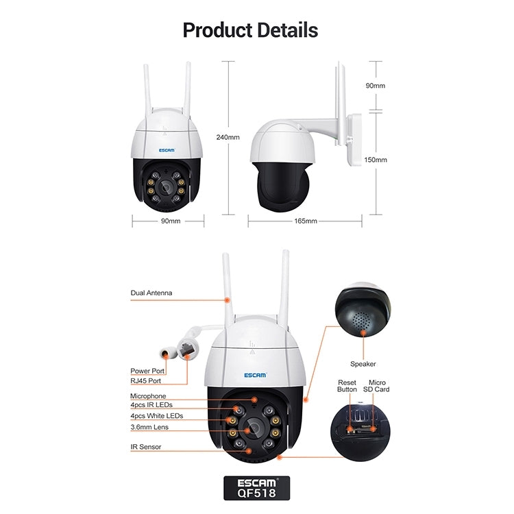 ESCAM QF518 Cámara IP WiFi inteligente de 5MP, compatible con detección de humanos AI / seguimiento automático / visión nocturna de doble luz / almacenamiento en la nube / audio bidireccional / tarjeta TF, EU Plug, US Plug, UK Plug, AU Plug