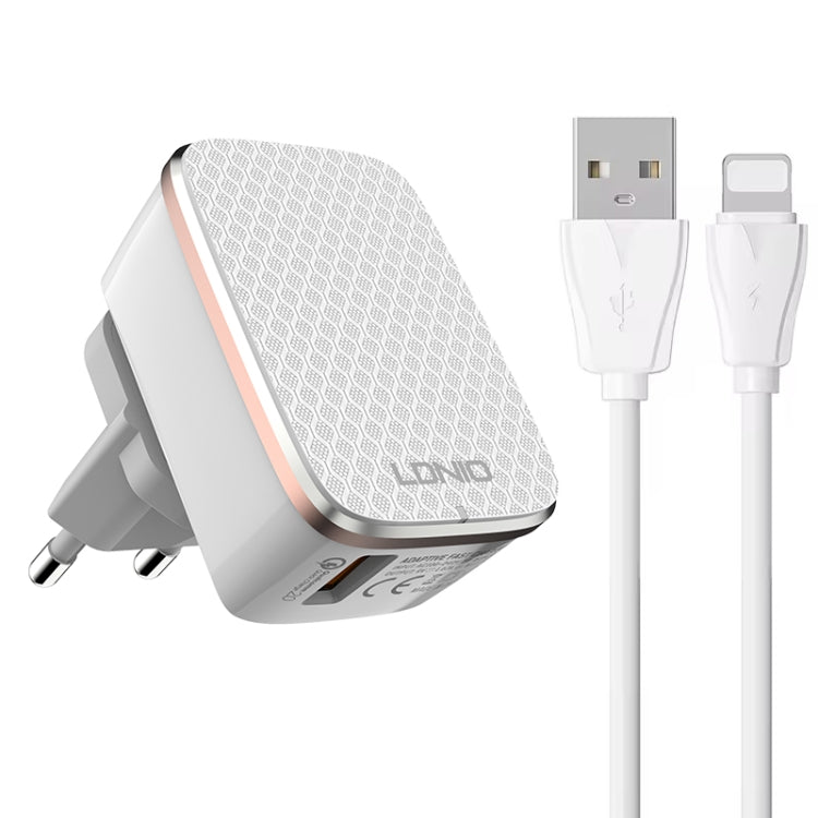 Cargador rápido USB LDNIO A1204Q QC3.0 de 18 W con cable USB a 8 pines de 1 m, EU Plug, UK Plug, US Plug
