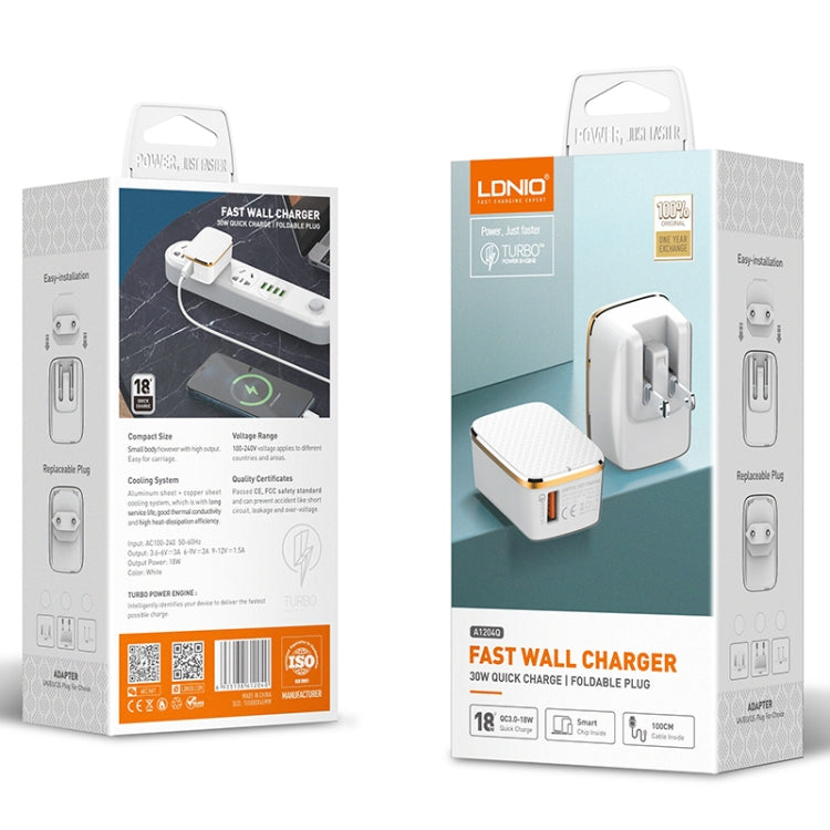 Cargador rápido USB LDNIO A1204Q QC3.0 de 18 W con cable USB a 8 pines de 1 m, EU Plug, UK Plug, US Plug