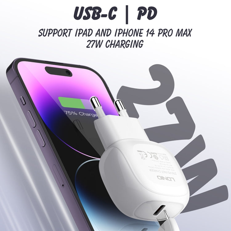 Cargador rápido LDNIO A1206C PD27W USB-C / Type-C con cable de 8 pines de 1 m, EU Plug