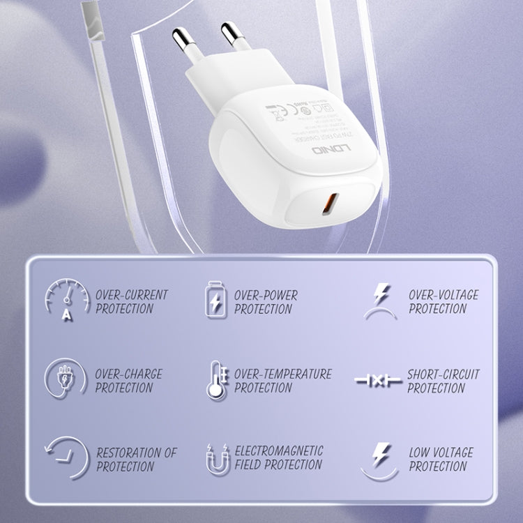 Cargador rápido LDNIO A1206C PD27W USB-C / Type-C con cable de 8 pines de 1 m, EU Plug