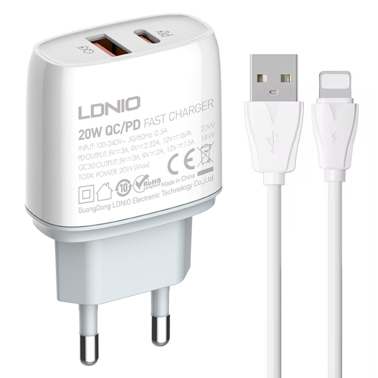 Cargador rápido USB + tipo C LDNIO Q229 QC3.0/PD20W con cable USB a 8 pines de 1 m, EU Plug, UK Plug, US Plug