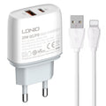 Cargador rápido USB + tipo C LDNIO Q229 QC3.0/PD20W con cable USB a 8 pines de 1 m, EU Plug, UK Plug, US Plug