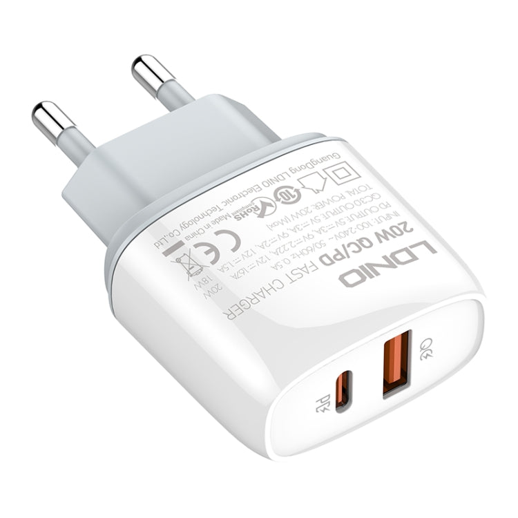Cargador rápido USB + tipo C LDNIO Q229 QC3.0/PD20W con cable USB a 8 pines de 1 m, EU Plug, UK Plug, US Plug
