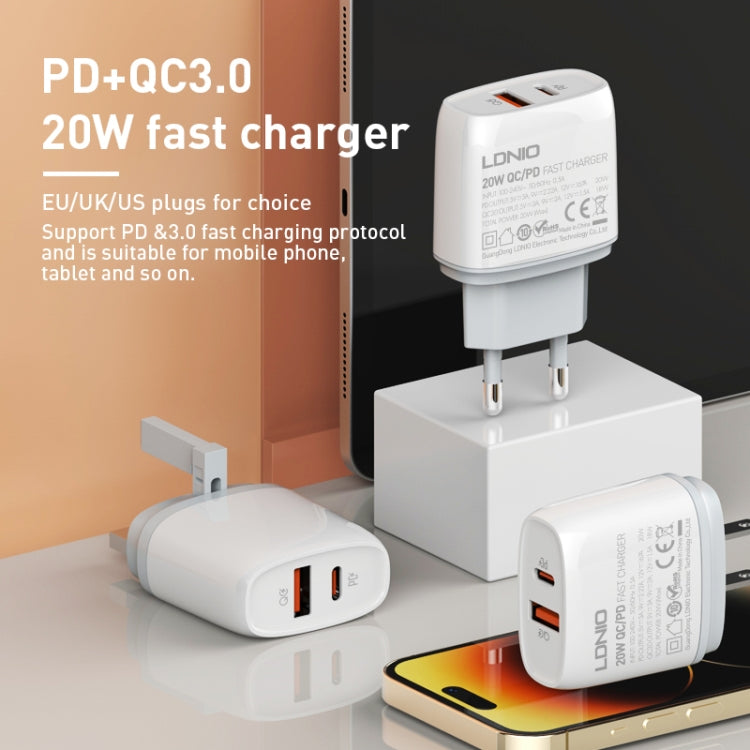 Cargador rápido USB + tipo C LDNIO Q229 QC3.0/PD20W con cable USB a 8 pines de 1 m, EU Plug, UK Plug, US Plug