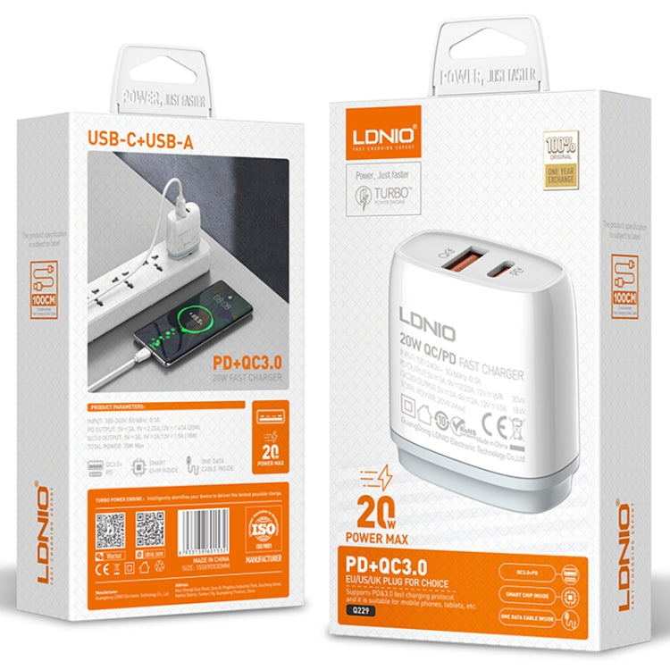 Cargador rápido USB + tipo C LDNIO Q229 QC3.0/PD20W con cable USB a 8 pines de 1 m, EU Plug, UK Plug, US Plug