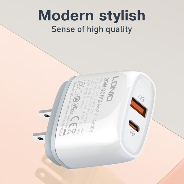 Cargador rápido USB + tipo C LDNIO Q229 QC3.0/PD20W con cable USB a 8 pines de 1 m, EU Plug, UK Plug, US Plug