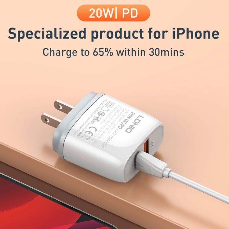 Cargador rápido USB + tipo C LDNIO Q229 QC3.0/PD20W con cable USB a 8 pines de 1 m, EU Plug, UK Plug, US Plug