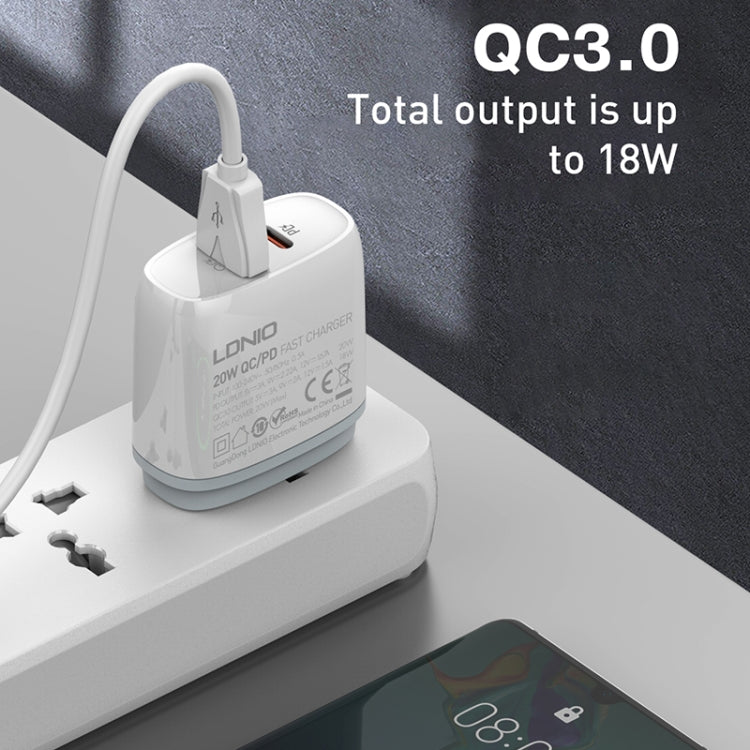 Cargador rápido USB + tipo C LDNIO Q229 QC3.0/PD20W con cable USB a 8 pines de 1 m, EU Plug, UK Plug, US Plug