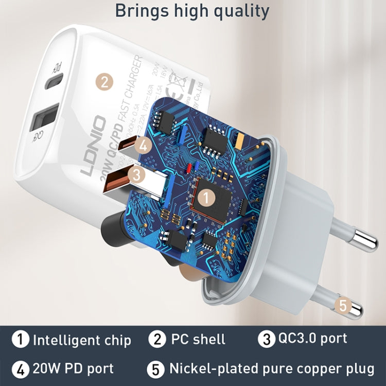 Cargador rápido USB + tipo C LDNIO Q229 QC3.0/PD20W con cable USB a 8 pines de 1 m, EU Plug, UK Plug, US Plug