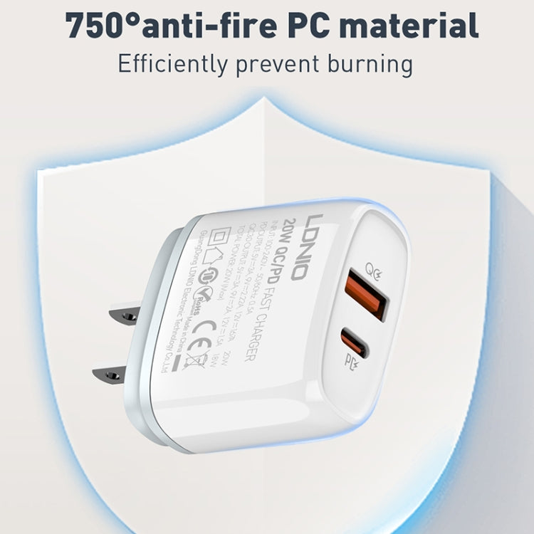 Cargador rápido USB + tipo C LDNIO Q229 QC3.0/PD20W con cable USB a 8 pines de 1 m, EU Plug, UK Plug, US Plug