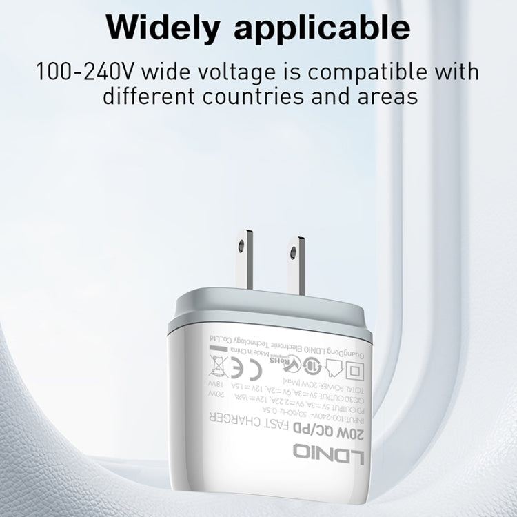 Cargador rápido USB + tipo C LDNIO Q229 QC3.0/PD20W con cable USB a 8 pines de 1 m, EU Plug, UK Plug, US Plug