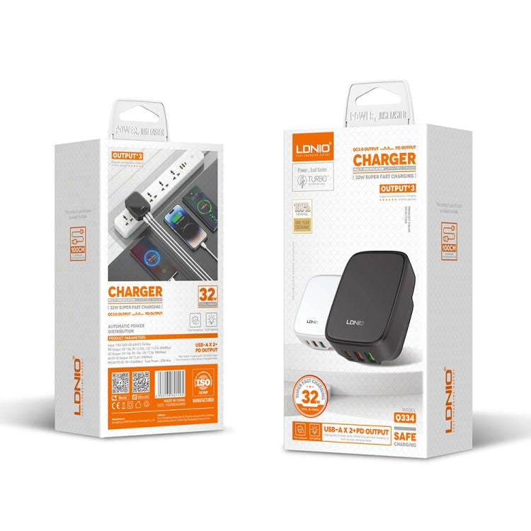 Cargador LDNIO Q334 de 32 W tipo C + puerto USB doble con cable de datos USB-C/Tipo C a USB-C/Tipo C, EU Plug, UK Plug, US Plug