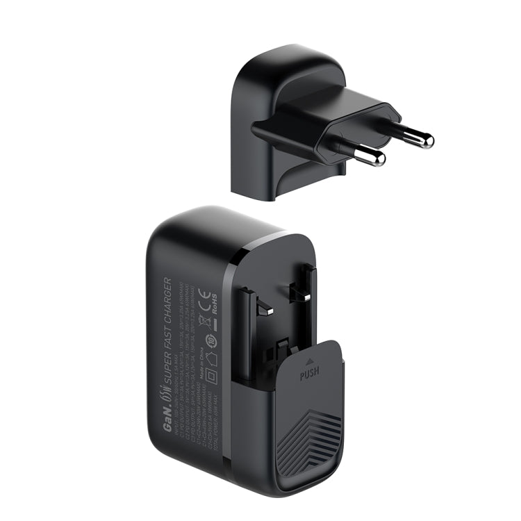 Cargador de interfaz LDNIO Q367 65W GaN con 3 puertos USB-C/Tipo-C y cable de datos USB-C/Tipo-C a USB-C/Tipo-C, EU Plug, UK Plug, US Plug