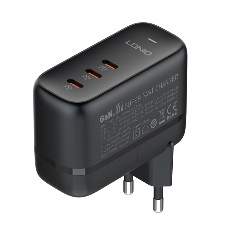 Cargador de interfaz LDNIO Q367 65W GaN con 3 puertos USB-C/Tipo-C y cable de datos USB-C/Tipo-C a USB-C/Tipo-C, EU Plug, UK Plug, US Plug