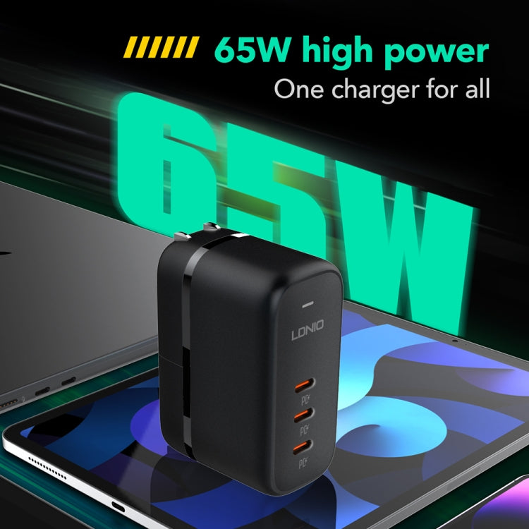 Cargador de interfaz LDNIO Q367 65W GaN con 3 puertos USB-C/Tipo-C y cable de datos USB-C/Tipo-C a USB-C/Tipo-C, EU Plug, UK Plug, US Plug