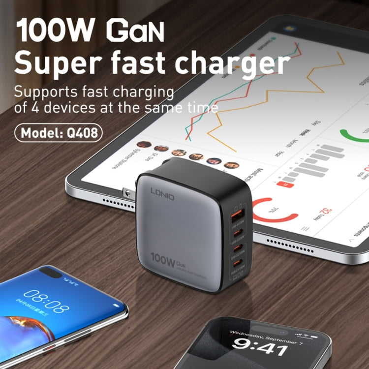 Cargador de interfaz USB+3 USB-C/Tipo C GaN de 100 W LDNIO Q408 con cable de datos USB-C/Tipo C a USB-C/Tipo C de 100 W, EU Plug, UK Plug, US Plug