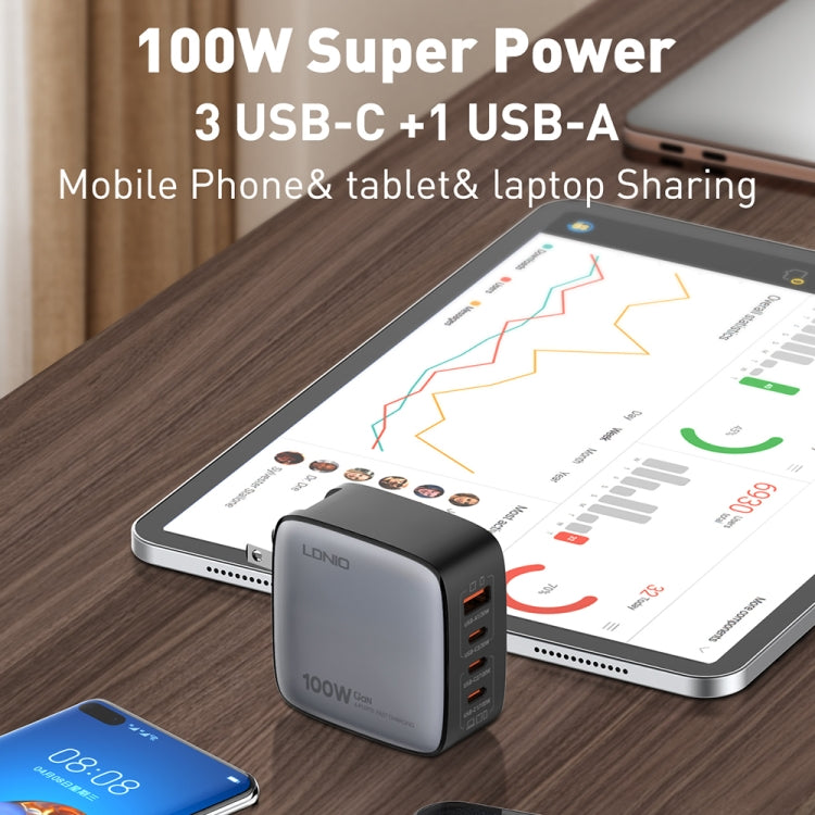 Cargador de interfaz USB+3 USB-C/Tipo C GaN de 100 W LDNIO Q408 con cable de datos USB-C/Tipo C a USB-C/Tipo C de 100 W, EU Plug, UK Plug, US Plug