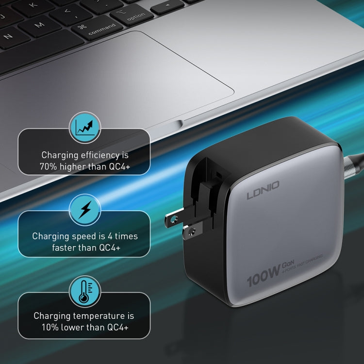 Cargador de interfaz USB+3 USB-C/Tipo C GaN de 100 W LDNIO Q408 con cable de datos USB-C/Tipo C a USB-C/Tipo C de 100 W, EU Plug, UK Plug, US Plug