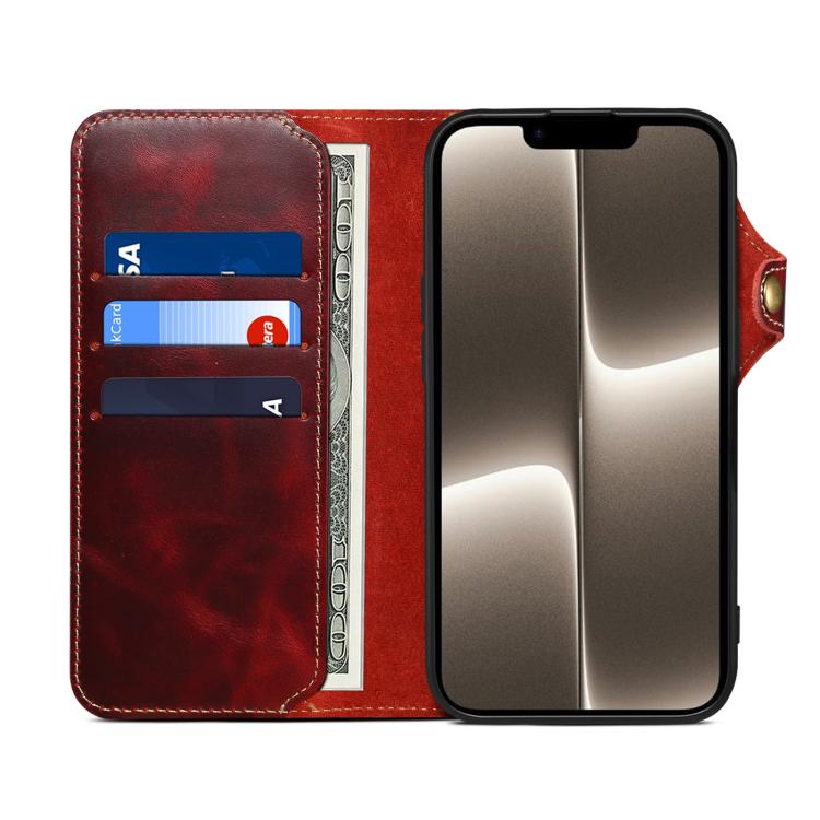 Estuche de cuero genuino con botón magnético y cera de aceite Denior B01 de piel de vaca, For iPhone 17e / 16e, For iPhone 16 Pro Max, For iPhone 16 Pro, For iPhone 16 Plus, For iPhone 16