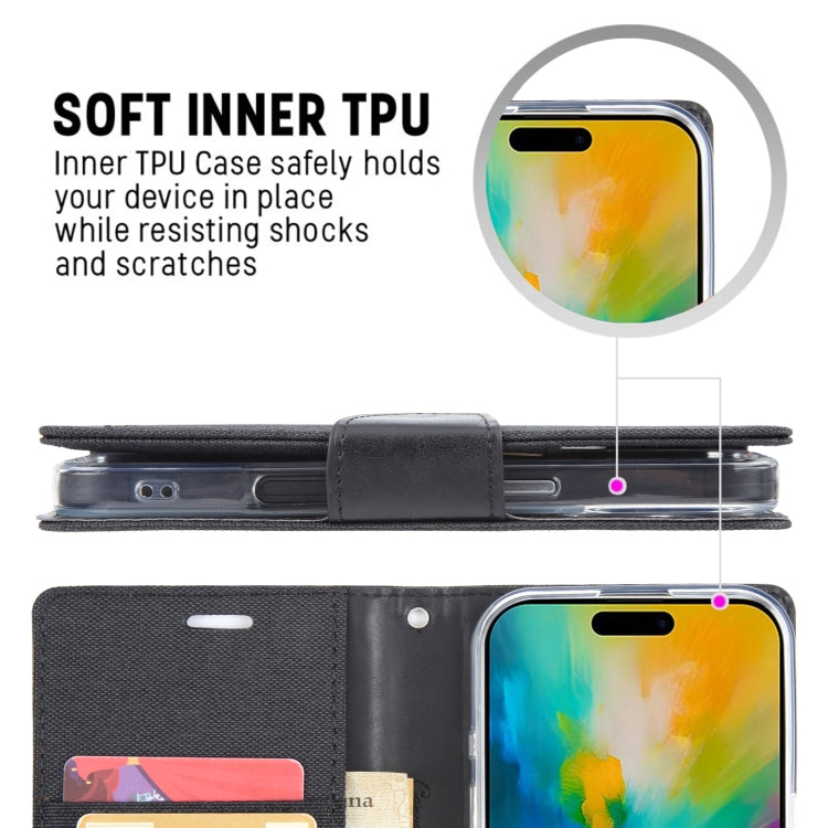 Funda para teléfono con tapa de cuero con textura de tela GOOSPERY CANVAS DIARY, For iPhone 16 Pro Max, For iPhone 16 Pro, For iPhone 16 Plus, For iPhone 16