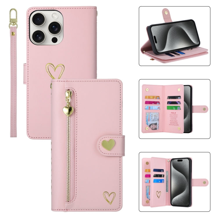 Funda de cuero para teléfono con cremallera y ranuras para varias tarjetas POLA Love, For iPhone 15 Pro Max, For iPhone 15 Pro, For iPhone 15 Plus, For iPhone 15, For iPhone 14 Plus, For iPhone 14, For iPhone 14 Pro, For iPhone 14 Pro Max