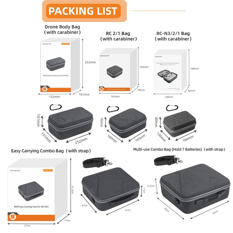 Estuche de transporte para DJI Air 3S/Air 3 Sunnylife, B657 For DJI RC 2 / 1 Control Bag, A3-B658 Drone Body Bag, A3-B659 Simplified Bag, A3-B660 Batteries Bag