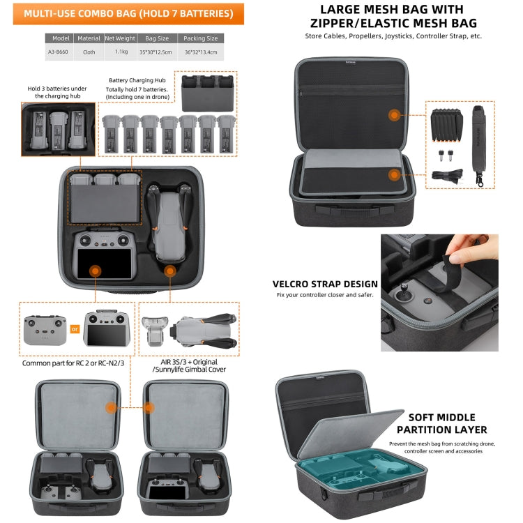 Estuche de transporte para DJI Air 3S/Air 3 Sunnylife, B657 For DJI RC 2 / 1 Control Bag, A3-B658 Drone Body Bag, A3-B659 Simplified Bag, A3-B660 Batteries Bag