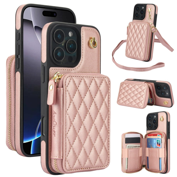 Cartera cruzada con cremallera AwQuer, funda para teléfono con parte trasera de cuero con forma de rombo, For iPhone 17 Pro Max, For iPhone 17 Pro, For iPhone 17, For iPhone Air, For iPhone 16 Pro Max, For iPhone 16 Pro