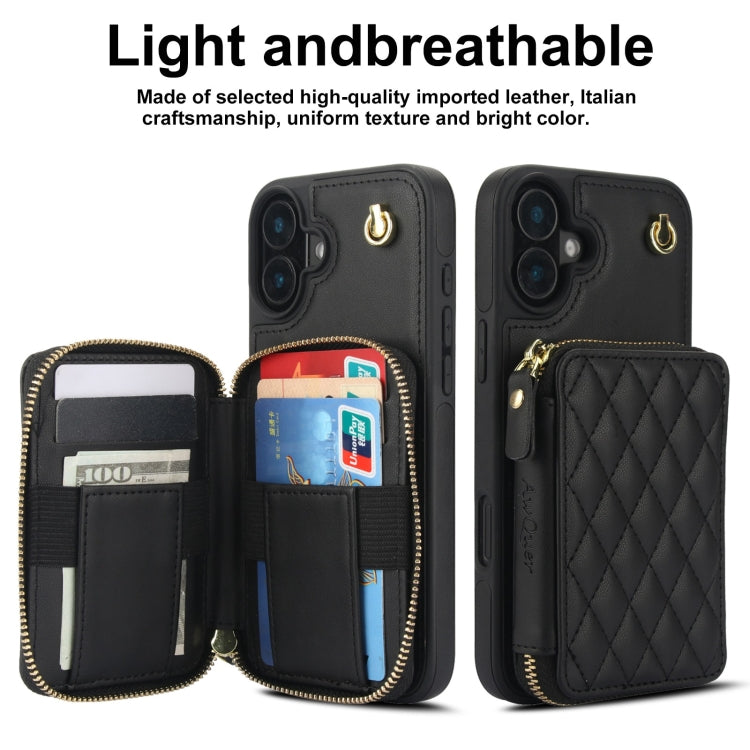 Cartera cruzada con cremallera AwQuer, funda para teléfono con parte trasera de cuero con forma de rombo, For iPhone 16 Plus, For iPhone 16, For iPhone 15 Pro Max, For iPhone 15 Pro, For iPhone 15 Plus, For iPhone 15