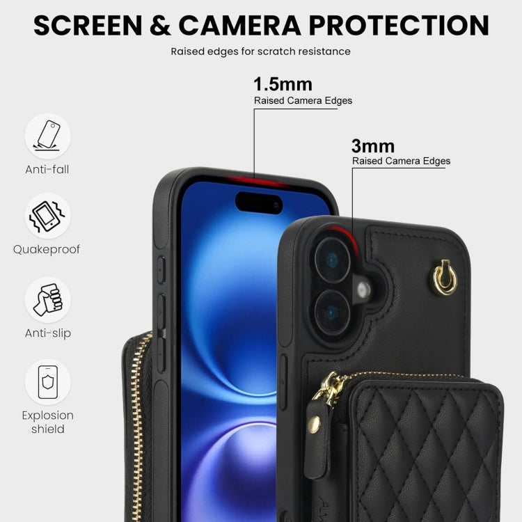 Cartera cruzada con cremallera AwQuer, funda para teléfono con parte trasera de cuero con forma de rombo, For iPhone 16 Plus, For iPhone 16, For iPhone 15 Pro Max, For iPhone 15 Pro, For iPhone 15 Plus, For iPhone 15