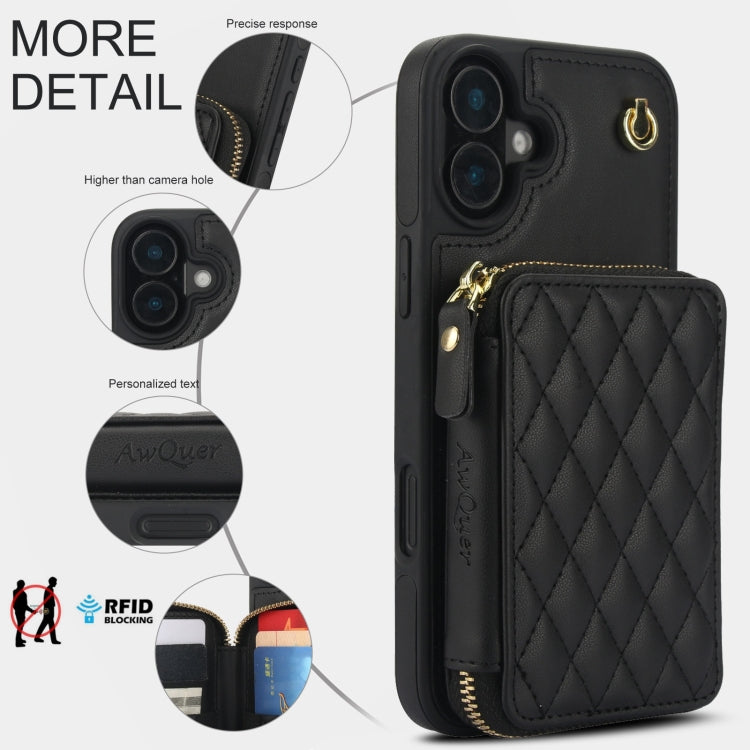 Cartera cruzada con cremallera AwQuer, funda para teléfono con parte trasera de cuero con forma de rombo, For iPhone 16 Plus, For iPhone 16, For iPhone 15 Pro Max, For iPhone 15 Pro, For iPhone 15 Plus, For iPhone 15