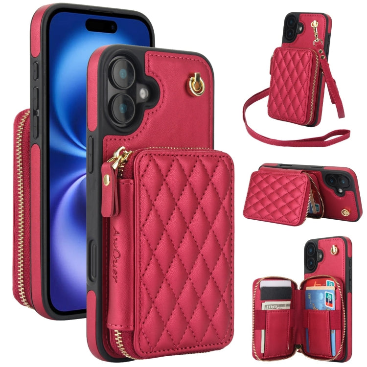 Cartera cruzada con cremallera AwQuer, funda para teléfono con parte trasera de cuero con forma de rombo, For iPhone 16 Plus, For iPhone 16, For iPhone 15 Pro Max, For iPhone 15 Pro, For iPhone 15 Plus, For iPhone 15
