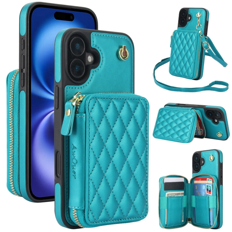 Cartera cruzada con cremallera AwQuer, funda para teléfono con parte trasera de cuero con forma de rombo, For iPhone 16 Plus, For iPhone 16, For iPhone 15 Pro Max, For iPhone 15 Pro, For iPhone 15 Plus, For iPhone 15