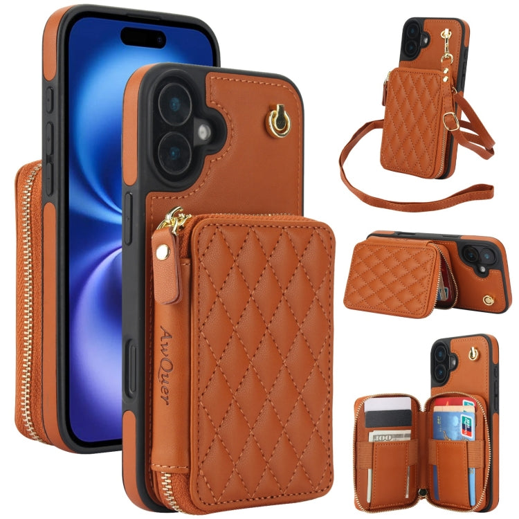 Cartera cruzada con cremallera AwQuer, funda para teléfono con parte trasera de cuero con forma de rombo, For iPhone 16 Plus, For iPhone 16, For iPhone 15 Pro Max, For iPhone 15 Pro, For iPhone 15 Plus, For iPhone 15
