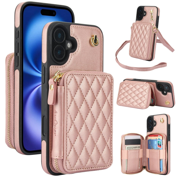 Cartera cruzada con cremallera AwQuer, funda para teléfono con parte trasera de cuero con forma de rombo, For iPhone 16 Plus, For iPhone 16, For iPhone 15 Pro Max, For iPhone 15 Pro, For iPhone 15 Plus, For iPhone 15