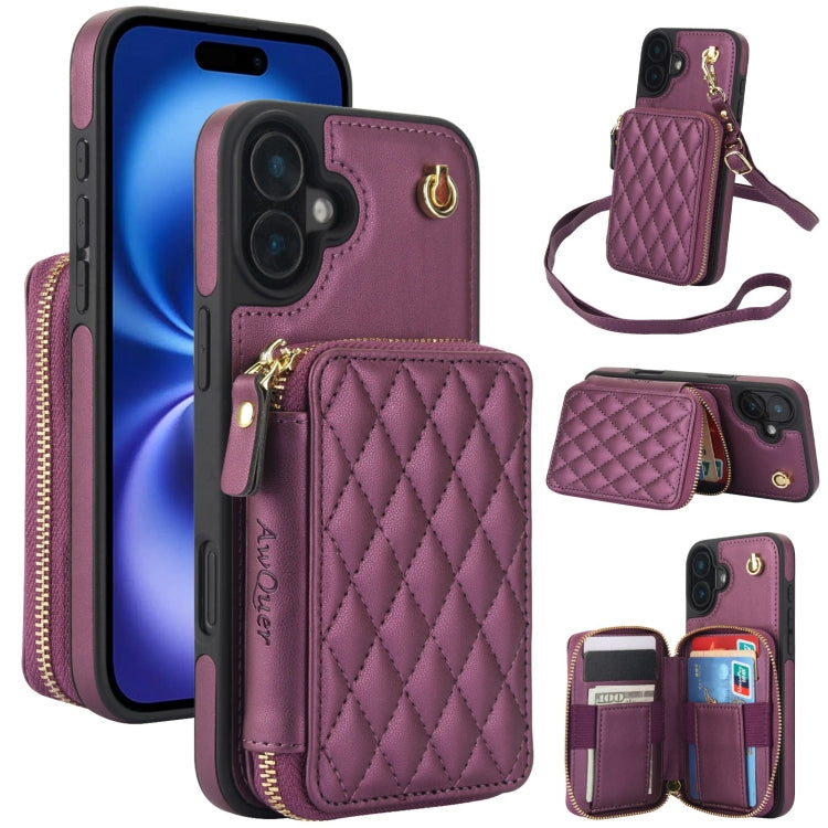 Cartera cruzada con cremallera AwQuer, funda para teléfono con parte trasera de cuero con forma de rombo, For iPhone 16 Plus, For iPhone 16, For iPhone 15 Pro Max, For iPhone 15 Pro, For iPhone 15 Plus, For iPhone 15