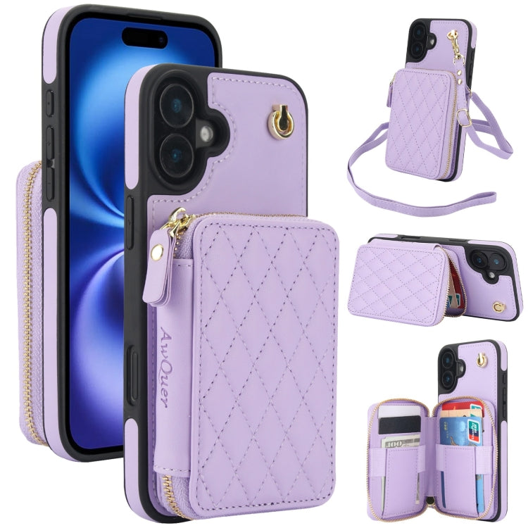 Cartera cruzada con cremallera AwQuer, funda para teléfono con parte trasera de cuero con forma de rombo, For iPhone 16 Plus, For iPhone 16, For iPhone 15 Pro Max, For iPhone 15 Pro, For iPhone 15 Plus, For iPhone 15