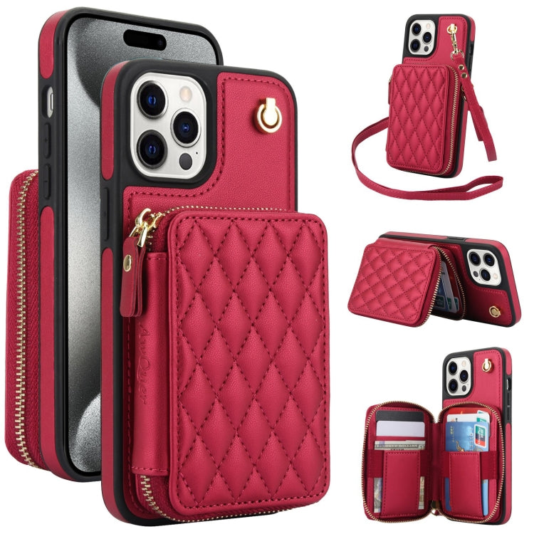 Cartera cruzada con cremallera AwQuer, funda para teléfono con parte trasera de cuero con forma de rombo, For iPhone 16 Plus, For iPhone 16, For iPhone 15 Pro Max, For iPhone 15 Pro, For iPhone 15 Plus, For iPhone 15