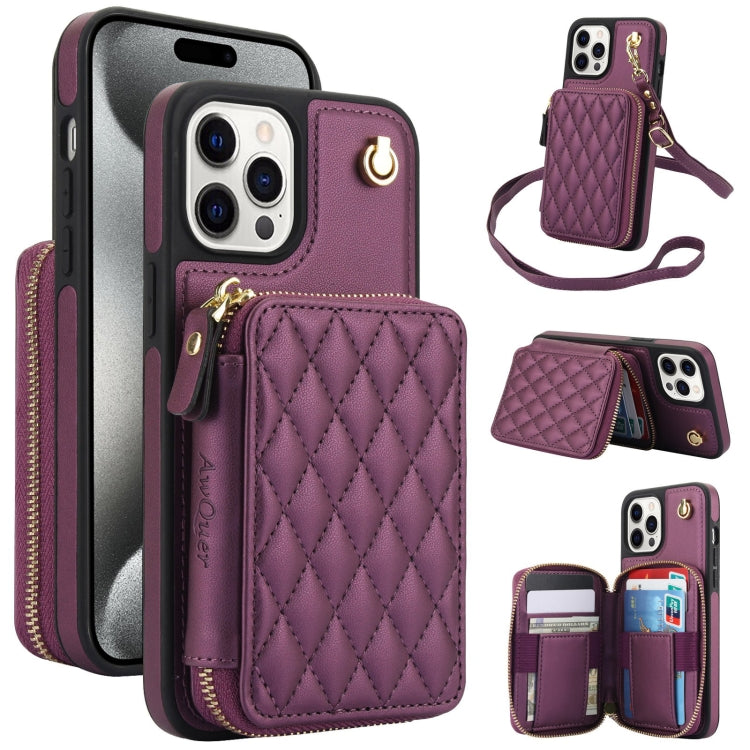 Cartera cruzada con cremallera AwQuer, funda para teléfono con parte trasera de cuero con forma de rombo, For iPhone 16 Plus, For iPhone 16, For iPhone 15 Pro Max, For iPhone 15 Pro, For iPhone 15 Plus, For iPhone 15