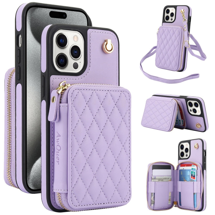 Cartera cruzada con cremallera AwQuer, funda para teléfono con parte trasera de cuero con forma de rombo, For iPhone 16 Plus, For iPhone 16, For iPhone 15 Pro Max, For iPhone 15 Pro, For iPhone 15 Plus, For iPhone 15