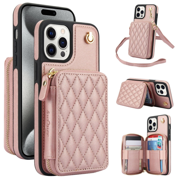Cartera cruzada con cremallera AwQuer, funda para teléfono con parte trasera de cuero con forma de rombo, For iPhone 16 Plus, For iPhone 16, For iPhone 15 Pro Max, For iPhone 15 Pro, For iPhone 15 Plus, For iPhone 15