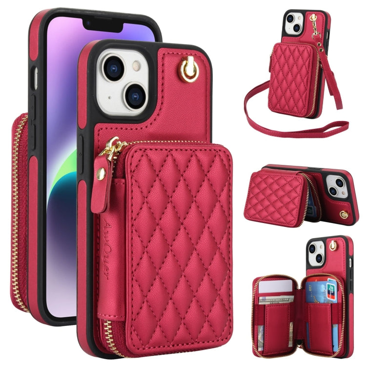 Cartera cruzada con cremallera AwQuer, funda para teléfono con parte trasera de cuero con forma de rombo, For iPhone 16 Plus, For iPhone 16, For iPhone 15 Pro Max, For iPhone 15 Pro, For iPhone 15 Plus, For iPhone 15