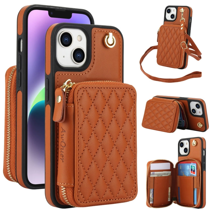Cartera cruzada con cremallera AwQuer, funda para teléfono con parte trasera de cuero con forma de rombo, For iPhone 16 Plus, For iPhone 16, For iPhone 15 Pro Max, For iPhone 15 Pro, For iPhone 15 Plus, For iPhone 15