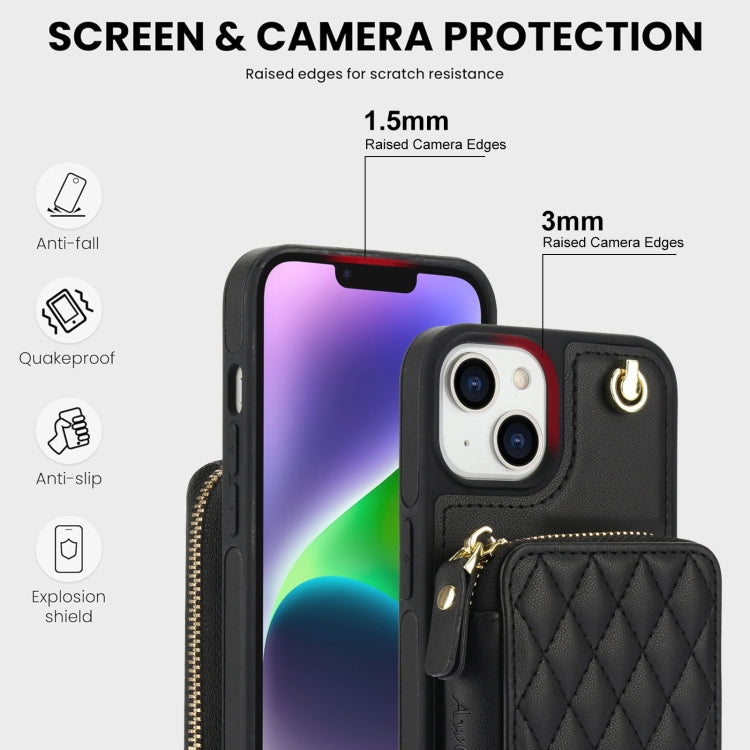 Cartera cruzada con cremallera AwQuer, funda para teléfono con parte trasera de cuero con forma de rombo, For iPhone 14 Plus, For iPhone 14 / 13, For iPhone 14 Pro, For iPhone 14 Pro Max, For iPhone 7 / 8 / SE 2022, For iPhone 13 Pro Max
