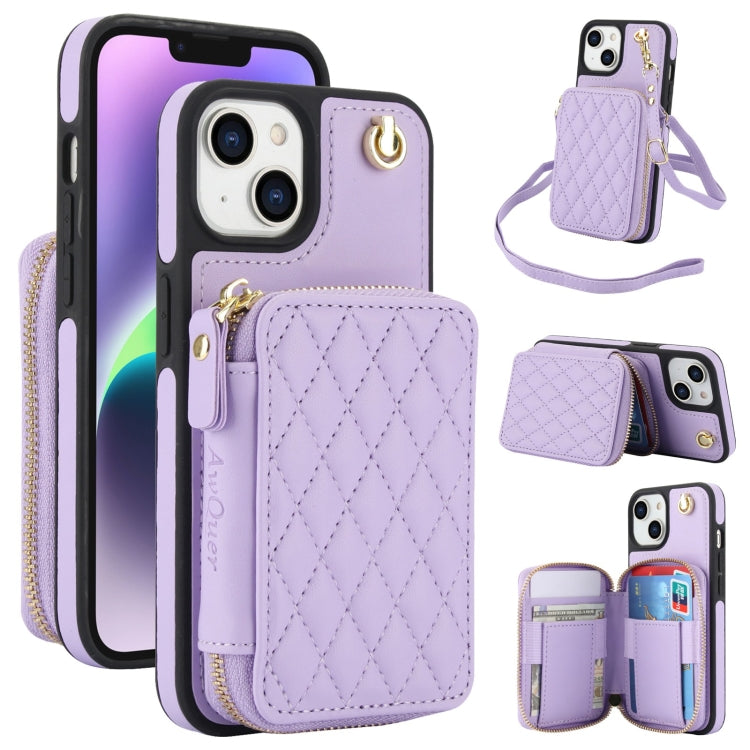 Cartera cruzada con cremallera AwQuer, funda para teléfono con parte trasera de cuero con forma de rombo, For iPhone 14 Plus, For iPhone 14 / 13, For iPhone 14 Pro, For iPhone 14 Pro Max, For iPhone 7 / 8 / SE 2022, For iPhone 13 Pro Max
