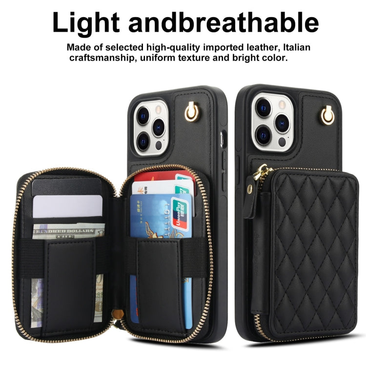 Cartera cruzada con cremallera AwQuer, funda para teléfono con parte trasera de cuero con forma de rombo, For iPhone 13 Pro, For iPhone 12 / 12 Pro, For iPhone 12 Pro Max, For iPhone 11 Pro Max, For iPhone 11, For iPhone 11 Pro